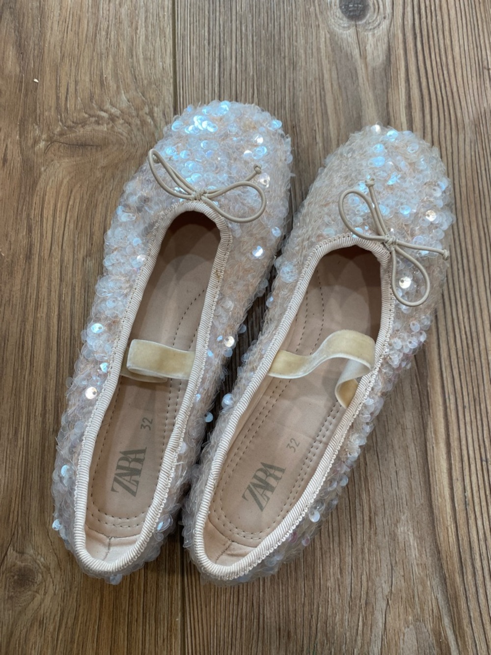 Zara Iridescent Sequin Ballet Flats in Beige